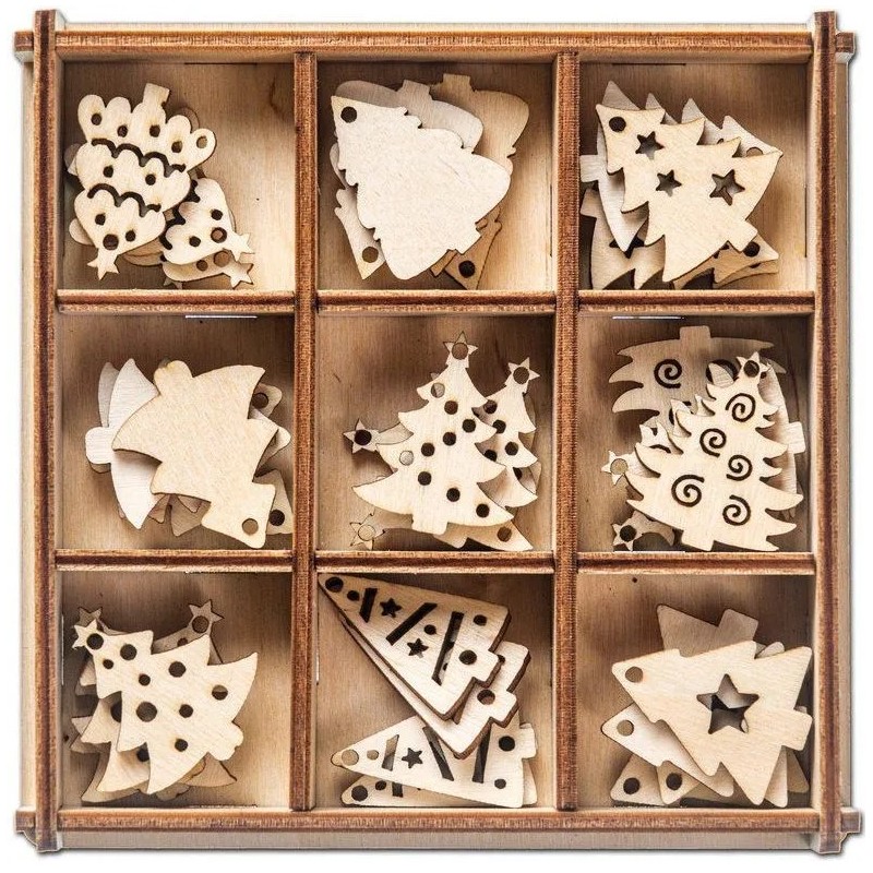 Заготовки для творчества "Мини-ёлочки", 36 фигурок из дерева в коробке, для раскрашивания, поделок