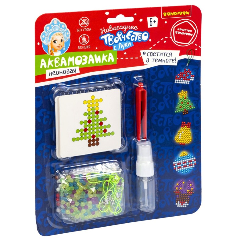 АКВАМОЗАИКА "ОЛЕНЬ, ЁЛОЧКА И ИГРУШКИ" набор с неоновыми бусинами, подвесками Новогоднее творчество с Луки Bondibon