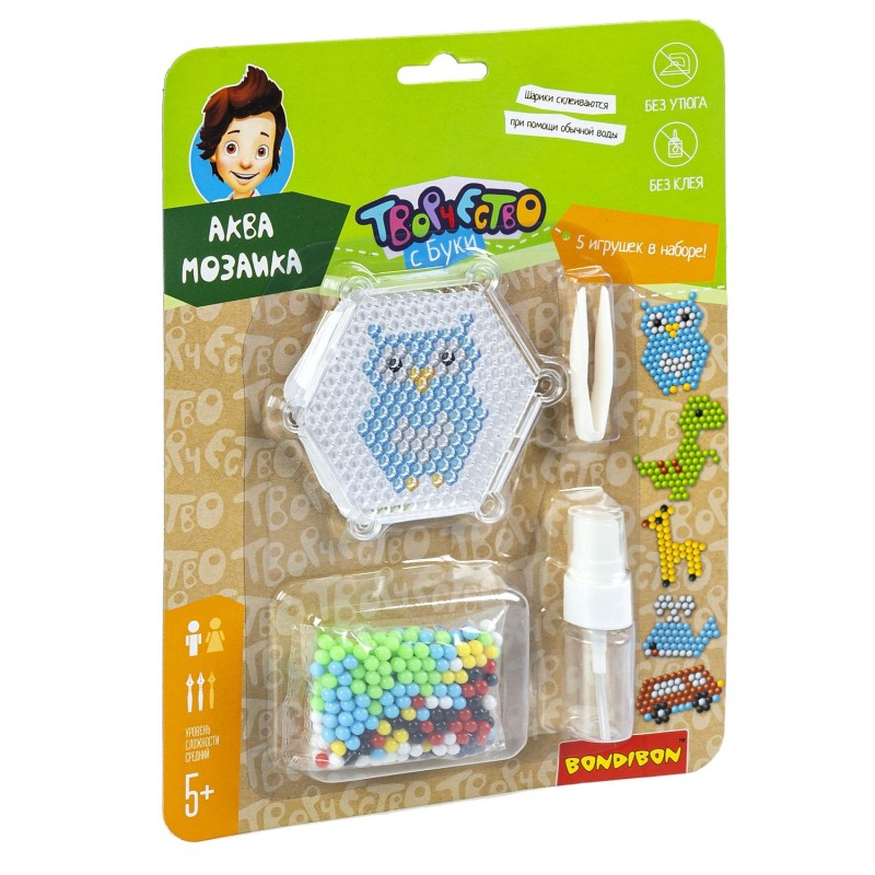 Набор для творчества АКВАМОЗАИКА "ЖИВОТНЫЕ И ТРАНСПОРТ" с подложкой в виде шестигранника Творчество с Буки Bondibon