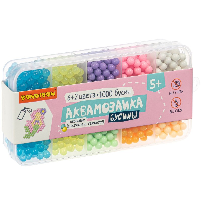 Набор для творчества АКВАМОЗАИКА "БУСИНЫ НЕОН" 1000 бусин, 6 матовых, 2 прозрачных светящихся в темноте цвета Bondibon