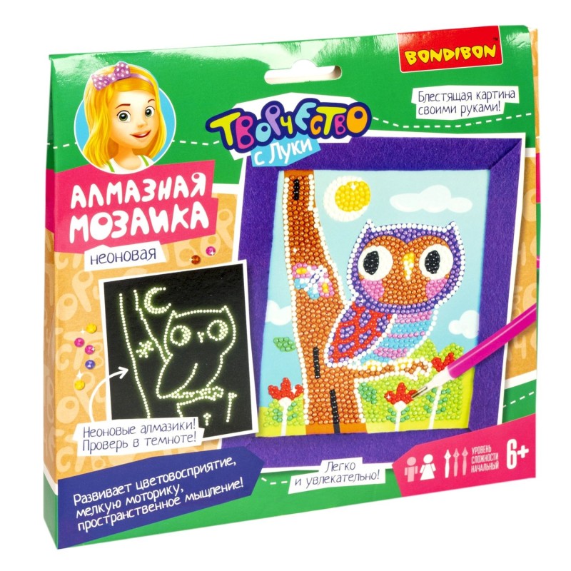 Набор для творчества АЛМАЗНАЯ МОЗАИКА "СОВУШКА" неоновая картина Творчество с Луки Bondibon